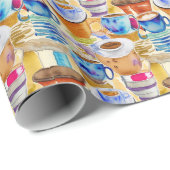 Blauwe terracotta koffiekopjes Abstracte Waterverf Cadeaupapier (Rol Hoek)