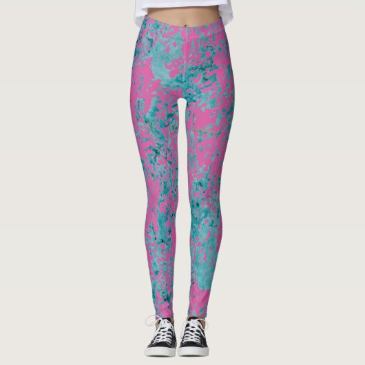 Blauwe textuur boven op een roze vaste kleur. leggings (Voorkant)