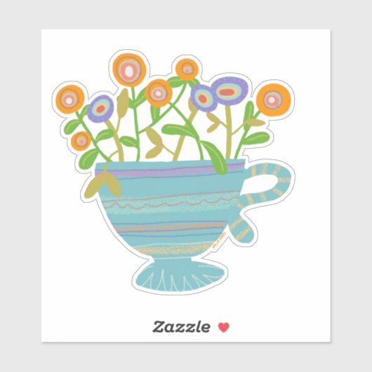 Blauwe theekop met bloemen sticker (Vel)