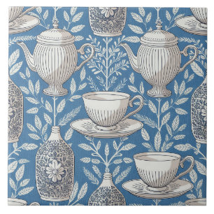 Blauwe Theekopjes Vintage Bladontwerp Tegeltje