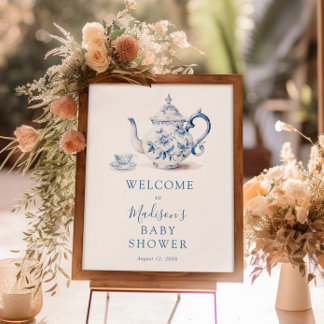 Blauwe Theepartij Baby Shower Welkom Bord Poster