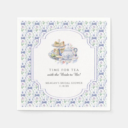 Blauwe Theepartij met Bloemen voor Bruidsdames Bru Servet (Voorkant)