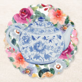 Blauwe theepot bloemen kartonnen onderzetters (Voorkant)