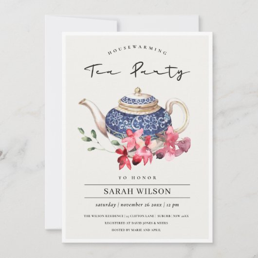 Blauwe Theepot Bloemige Housewarming Theepartij Ui Bedankkaart (Voorkant)