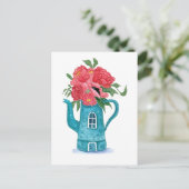 Blauwe theepot huis met rode bloemen Briefkaart (Staand voorkant)
