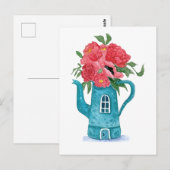 Blauwe theepot huis met rode bloemen Briefkaart (Voorkant / Achterkant)