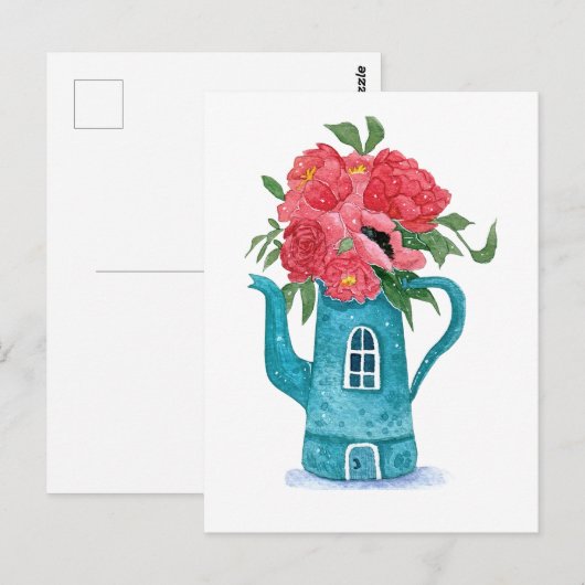 Blauwe theepot huis met rode bloemen Briefkaart (Voorkant / Achterkant)
