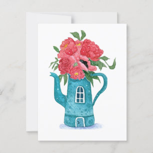 Blauwe theepot huis met rode bloemen Briefkaart