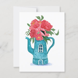 Blauwe theepot huis met rode bloemen Briefkaart