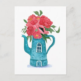 Blauwe theepot huis met rode bloemen Briefkaart