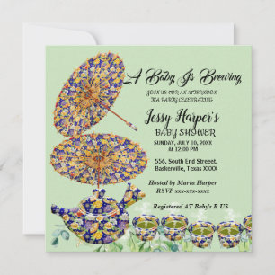 Blauwe Theepot met Bloemen Afternoon Tea Feestje B Kaart