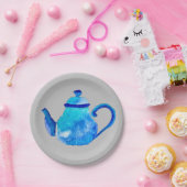 Blauwe theepot voor waterverf papieren bordje (Feest)