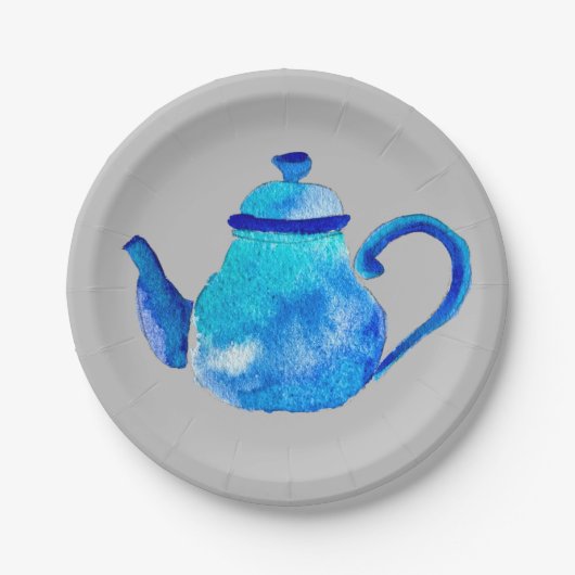 Blauwe theepot voor waterverf papieren bordje (Voorkant)