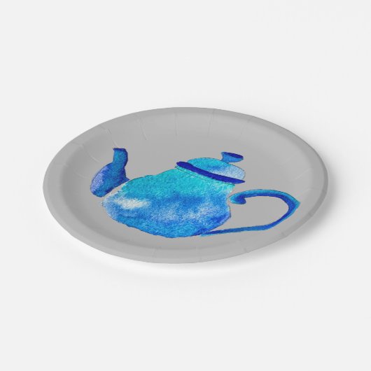 Blauwe theepot voor waterverf papieren bordje (Gekanteld)