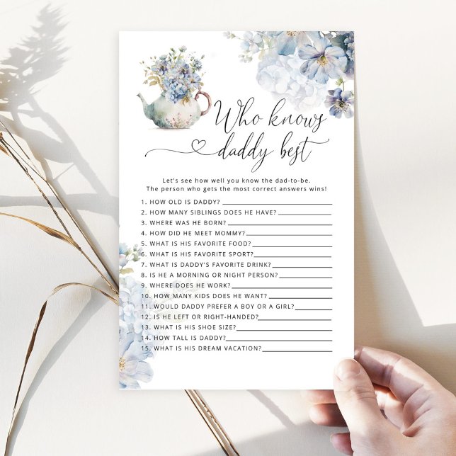 Blauwe theepot Wie kent papa beste baby shower spe (Creator heeft geüpload)