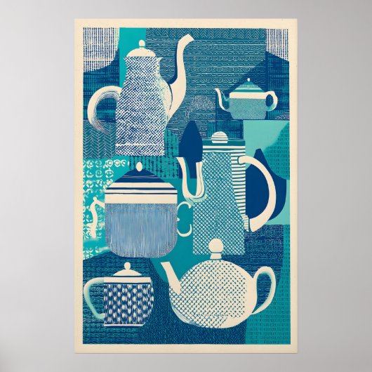 Blauwe Theepotten Giclée Print Mid-Century Modern (Voorkant)