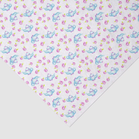 Blauwe theepotten Theetijd Roze Rozen Illustratie Tissuepapier (Detail)