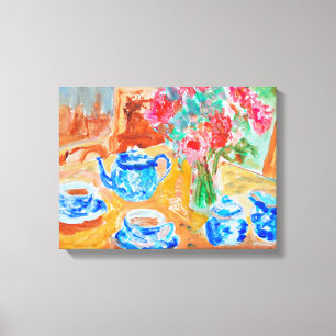 Blauwe Theeset met Rode Bloemen Canvas Afdruk