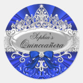 Blauwe Tiara & Damask Quinceanera Sticker (Voorkant)