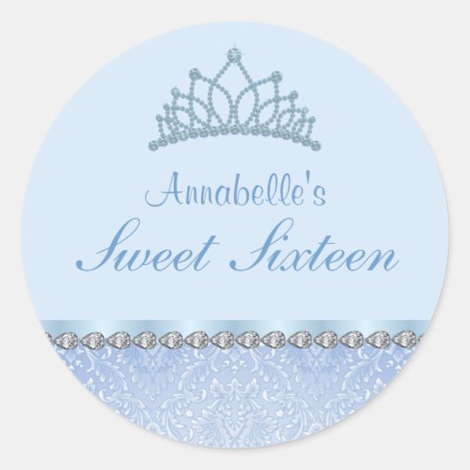Blauwe Tiara & Damask Sweet16 Sticker (Voorkant)