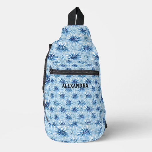 Blauwe Tie kleurstof bloem patroon Aangepaste naam Sling Bag (Voorkant)