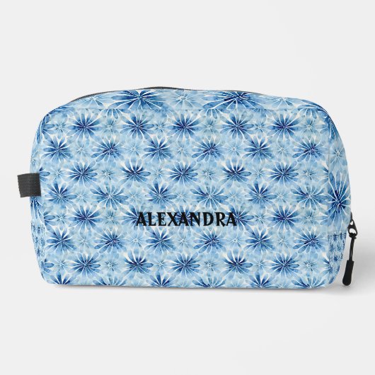 Blauwe Tie kleurstof bloem patroon Aangepaste naam Toilettasje (Voorkant)
