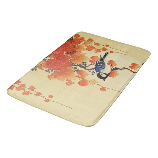 Blauwe tiervogel, Paulownia tak, rode herfstblader Badmat (Gekanteld)