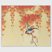 Blauwe tiervogel, Paulownia tak, rode herfstblader Cadeaupapier (Vlak)