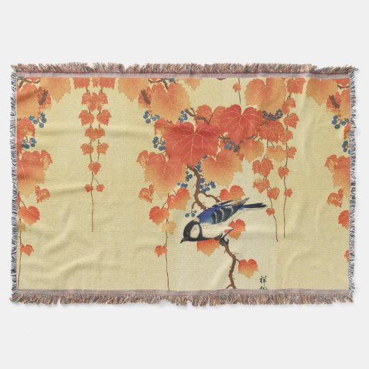 Blauwe tiervogel, Paulownia tak, rode herfstblader Deken (Voorkant)