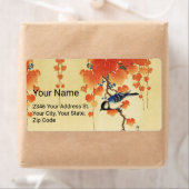 Blauwe tiervogel, Paulownia tak, rode herfstblader Etiket (Insitu)