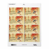 Blauwe tiervogel, Paulownia tak, rode herfstblader Etiket (Full Sheet)