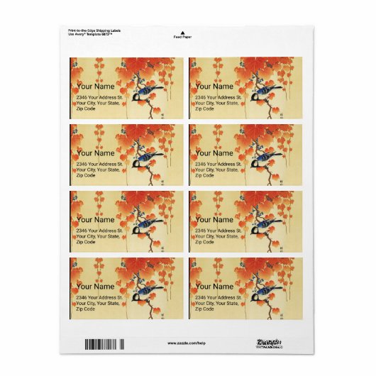 Blauwe tiervogel, Paulownia tak, rode herfstblader Etiket (Full Sheet)