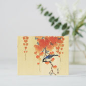 Blauwe tiervogel, Paulownia tak, rode herfstblader Feestdagenkaart (Staand voorkant)