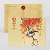 Blauwe tiervogel, Paulownia tak, rode herfstblader Feestdagenkaart (Voorkant / Achterkant)