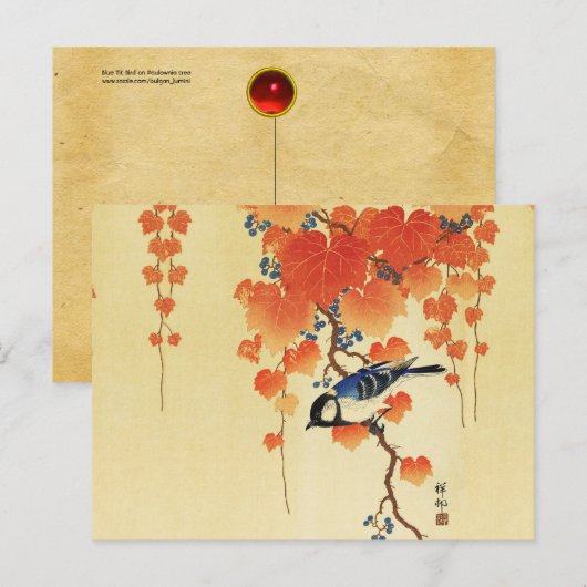 Blauwe tiervogel, Paulownia tak, rode herfstblader Feestdagenkaart (Voorkant / Achterkant)