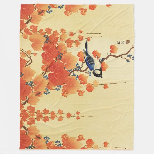 Blauwe tiervogel, Paulownia tak, rode herfstblader Fleece Deken (Voorkant)