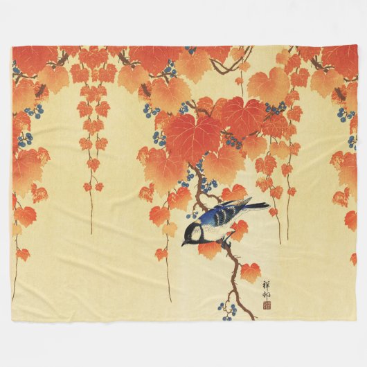 Blauwe tiervogel, Paulownia tak, rode herfstblader Fleece Deken (Voorkant (Horizontaal))