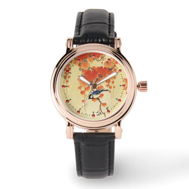 Blauwe tiervogel, Paulownia tak, rode herfstblader Horloge (Voorkant)