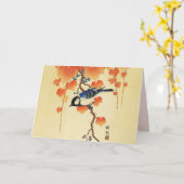 Blauwe tiervogel, Paulownia tak, rode herfstblader Kaart (Gele Bloem)