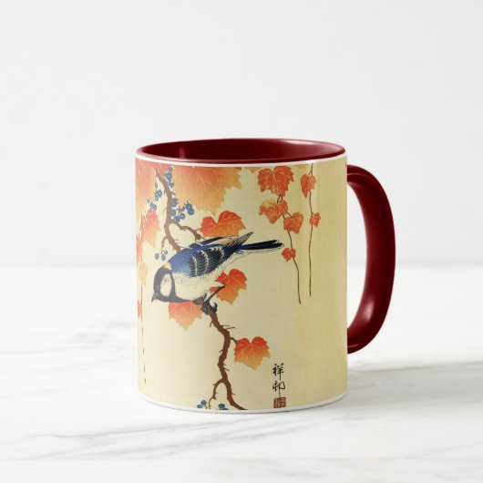 Blauwe tiervogel, Paulownia tak, rode herfstblader Mok (Voorkant rechts)