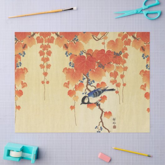 Blauwe tiervogel, Paulownia tak, rode herfstblader Tissuepapier (Craft)