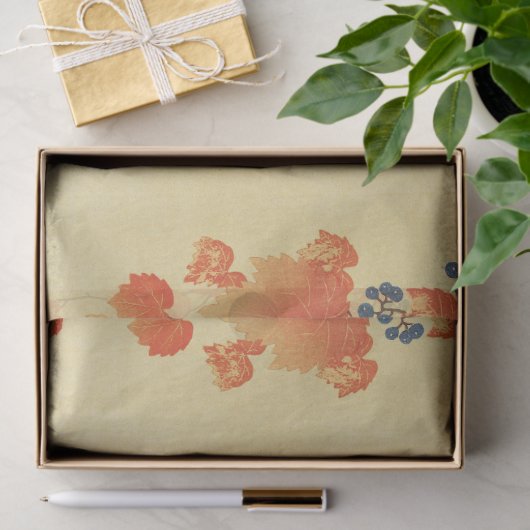 Blauwe tiervogel, Paulownia tak, rode herfstblader Tissuepapier (Geschenk)