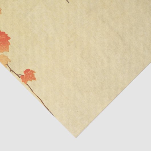 Blauwe tiervogel, Paulownia tak, rode herfstblader Tissuepapier (Detail)