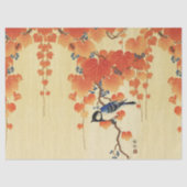 Blauwe tiervogel, Paulownia tak, rode herfstblader Tissuepapier (Voorkant)