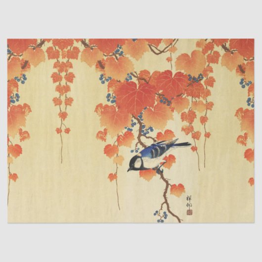 Blauwe tiervogel, Paulownia tak, rode herfstblader Tissuepapier (Voorkant)