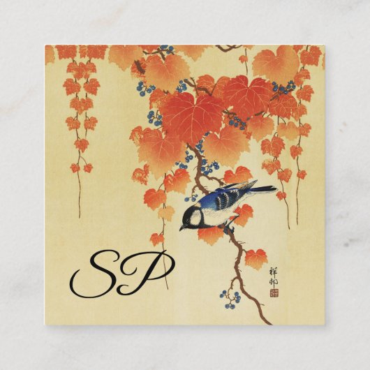 Blauwe tiervogel, Paulownia tak, rode herfstblader Vierkante Visitekaartje (Achterkant)