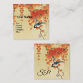 Blauwe tiervogel, Paulownia tak, rode herfstblader Vierkante Visitekaartje (Voorkant / Achterkant)