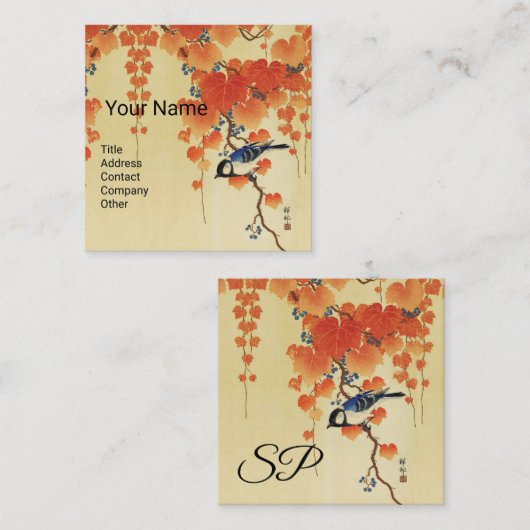Blauwe tiervogel, Paulownia tak, rode herfstblader Vierkante Visitekaartje (Voorkant / Achterkant)