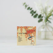 Blauwe tiervogel, Paulownia tak, rode herfstblader Vierkante Visitekaartje (Staand voorkant)