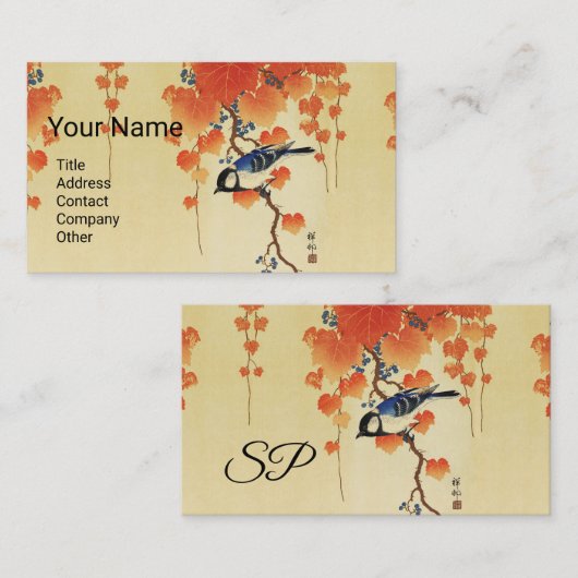 Blauwe tiervogel, Paulownia tak, rode herfstblader Visitekaartje (Voorkant / Achterkant)